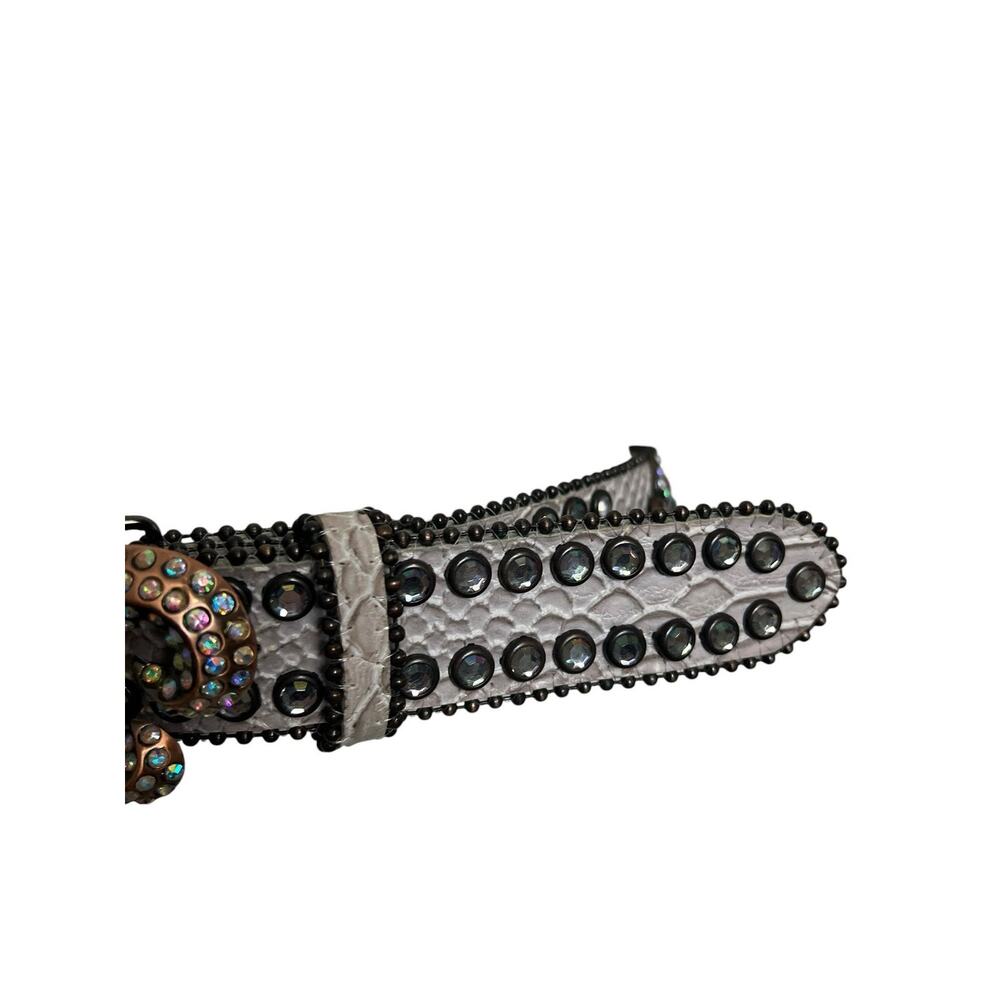 Nocona Leather Belt Womens Large White Western Fleur De Lis Rhinestone Studded - Picture 4 of 8